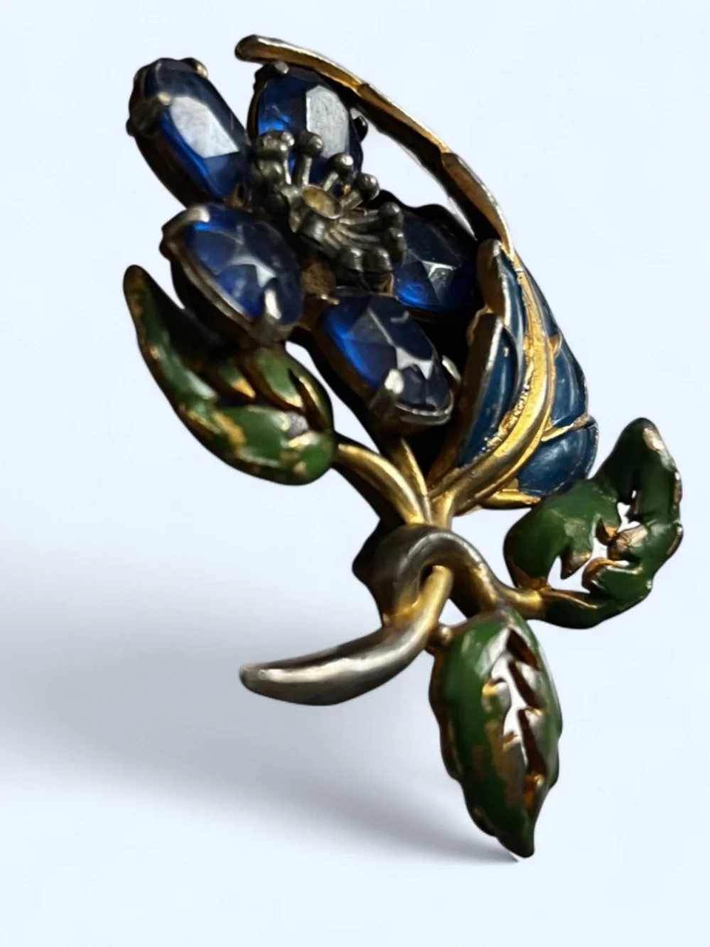 Vintage 1940’s-1960’s Blue Floral Enamel Brass Brooch